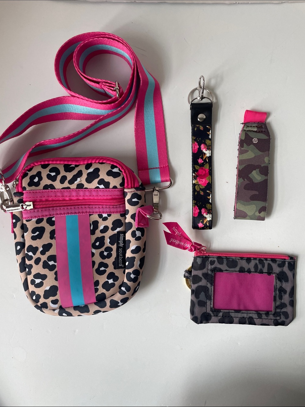 Simply Southern Pink & Aqua Stripe Leopard Purse Crossbody 4 PC bundle